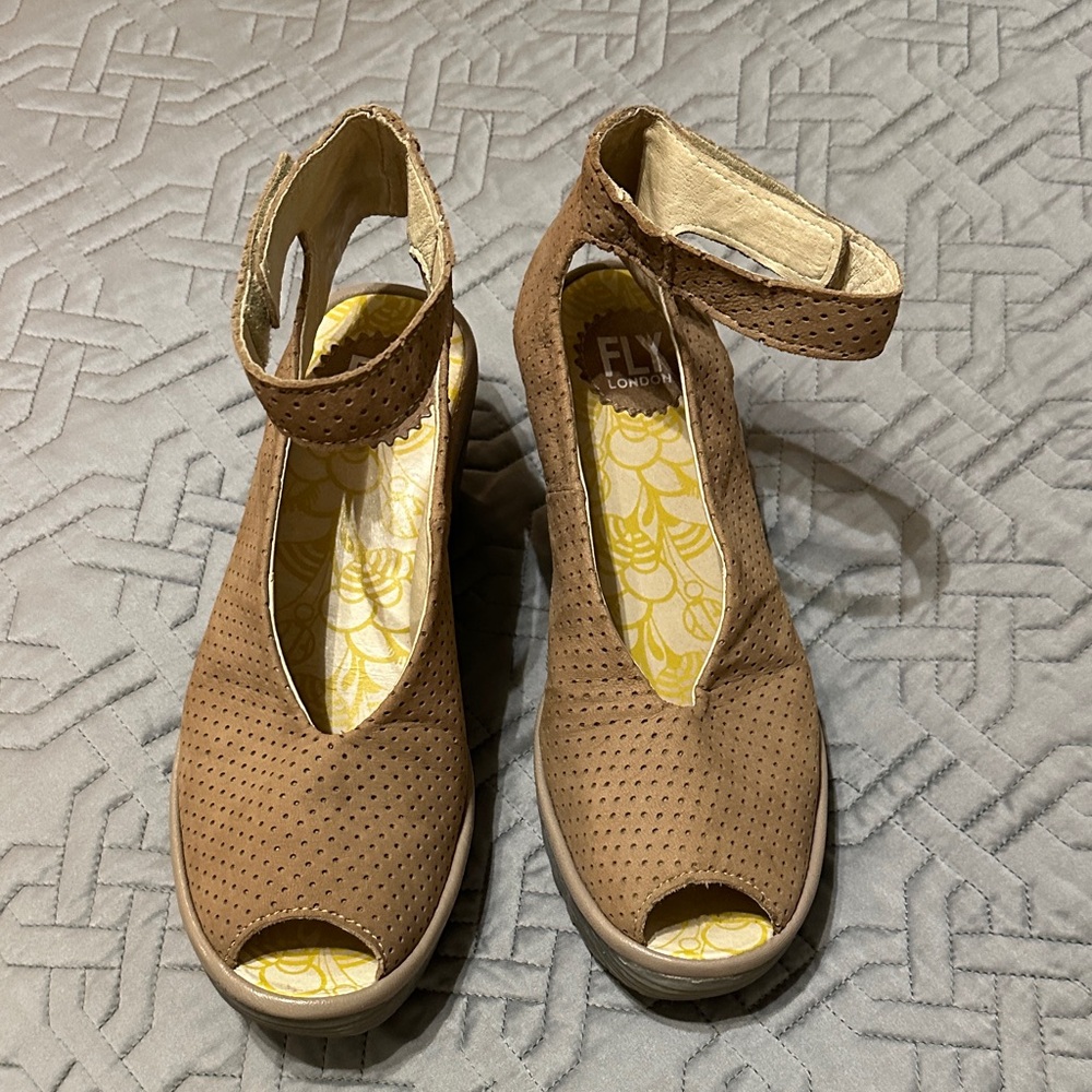 Fly London Tan Perforated Ankle Strap Heels